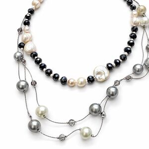 2-Piece Freshwater Pearl & Black Crystal and Layered Silver Pearl Necklaces Set